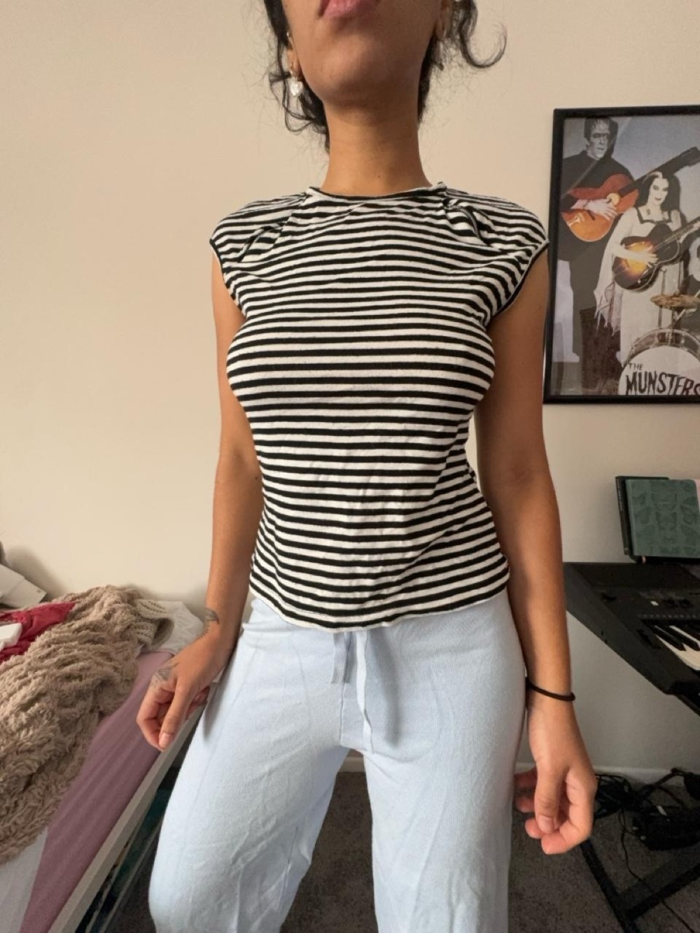 Striped Cap-Sleeve Women's Top - Black & White